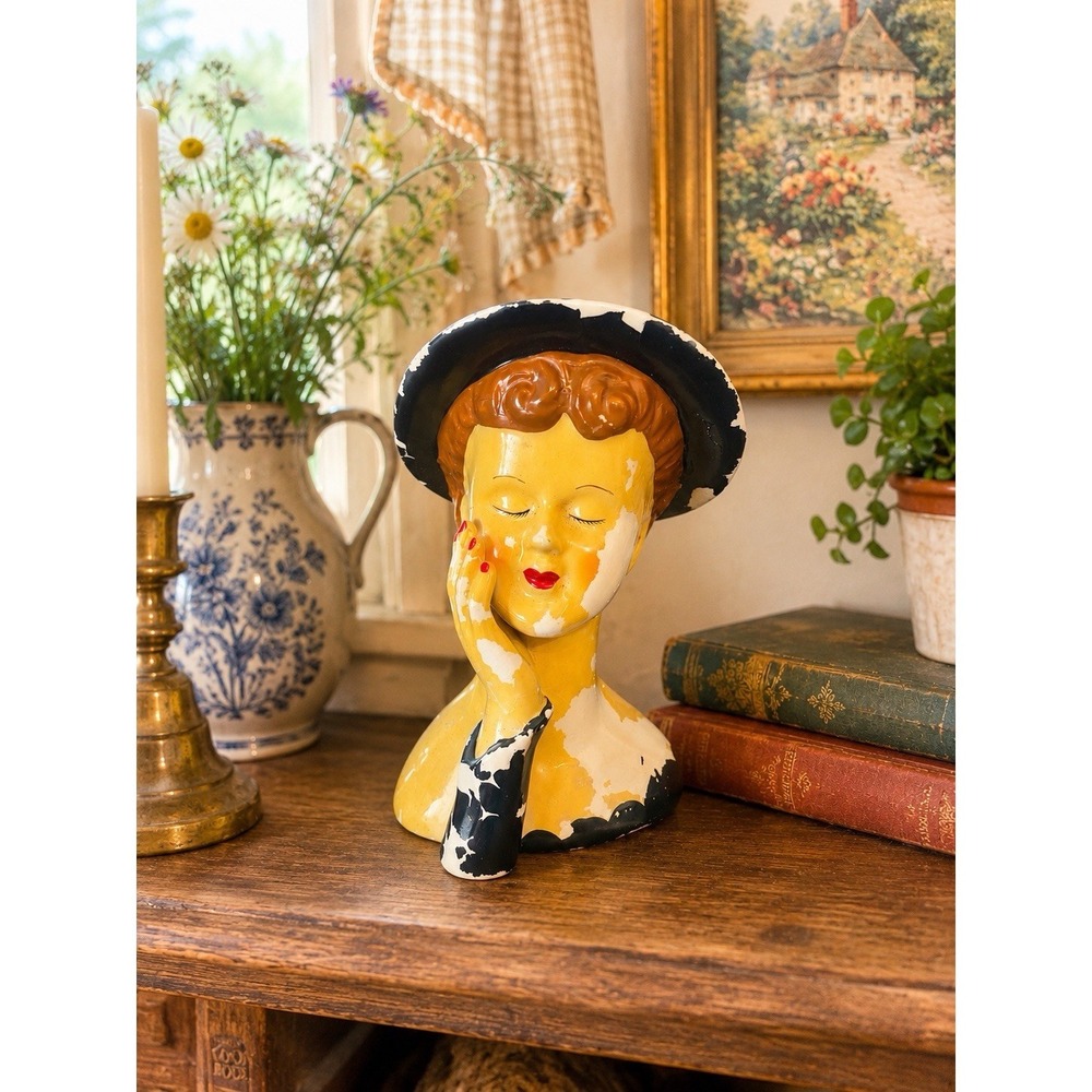 Vintage 6.5" Lady Head Vase, Hand Up Napco Ceramic Planter Retro